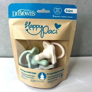 NEW Dr Brown's Happy Paci 3 Pack Silicone Baby Pacifier 0-6m White Green Grey